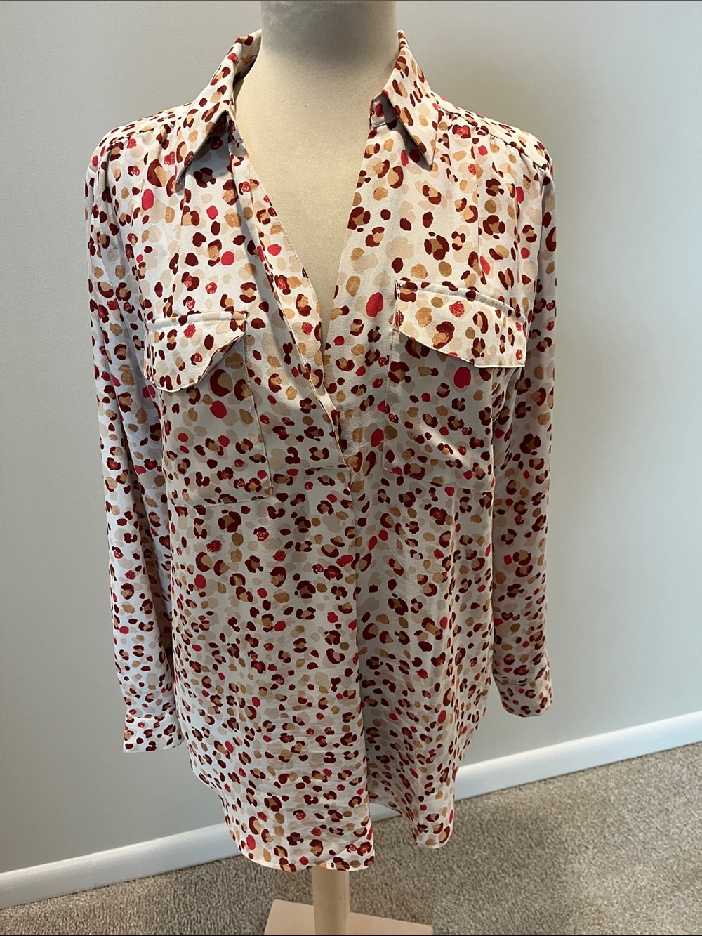 Ann Taylor Cream Button-Down Blouse with Red and Brown Spot Print
